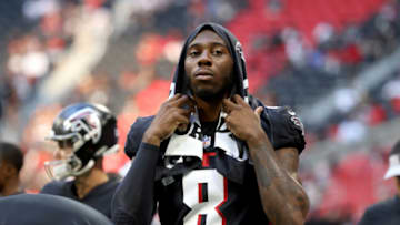 Aug 13, 2021; Atlanta Falcons tight end Kyle Pitts (8) is shown on the sideline during the first half of their game against the Tennessee Titans at Mercedes-Benz Stadium. Mandatory Credit: Jason Getz-USA TODAY Sports