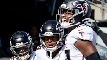 Sep 26, 2021; E. Rutherford, N.J., USA; Atlanta Falcons cornerback Isaiah Oliver (26) celebrates a fumble recovery in the second half at MetLife Stadium. Mandatory Credit: Robert Deutsch-USA TODAY Sports