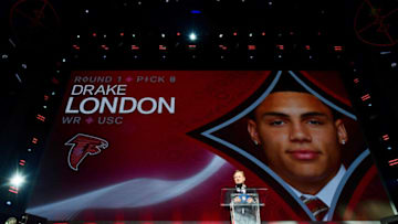 Apr 28, 2022; Las Vegas, NV, USA; NFL commissioner Roger Goodell announces USC wide receiver Drake London as the eighth overall pick to the Atlanta Falcons during the first round of the 2022 NFL Draft at the NFL Draft Theater. Mandatory Credit: Gary Vasquez-USA TODAY Sports