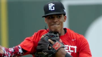 SS Delvin Perez shows off his rocket arm during the 2016 Perfect Game showcase. (Photo Credit: perfectgame.org)