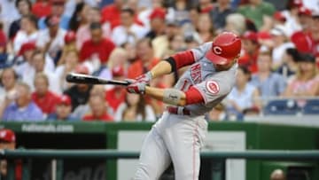 Jul 6, 2015; Washington, DC, USA; Cincinnati Reds first baseman Joey Votto (19) singles against the Washington Nationals during the third inning at Nationals Park. Mandatory Credit: Brad Mills-USA TODAY Sports
