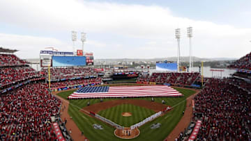 Apr 4, 2016; Cincinnati, OH, USA; General view during the national anthem as the Philadelphia Phillies and the Cincinnati Reds line up on the field during Opening Day ceremonies at Great American Ball Park. Mandatory Credit: David Kohl-USA TODAY Sports
