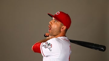 Feb 24, 2016; Goodyear, AZ, USA; Cincinnati Reds first baseman Joey Votto reacts as he poses for a portrait during media day at the Reds training facility at Goodyear Ballpark. Mandatory Credit: Mark J. Rebilas-USA TODAY Sports
