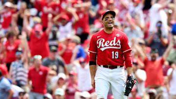 CINCINNATI, OHIO - JULY 04: Joey Votto #19 of the Cincinnati Reds reacts after a double play to end the game. (Photo by Emilee Chinn/Getty Images)