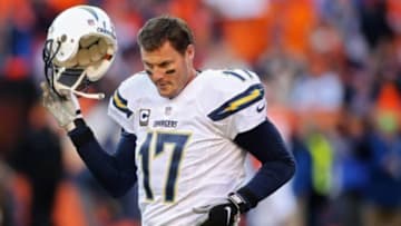 Jan 3, 2016; Denver, CO, USA; San Diego Chargers quarterback Philip Rivers (17) during the first half against the Denver Broncos at Sports Authority Field at Mile High. Mandatory Credit: Chris Humphreys-USA TODAY Sports