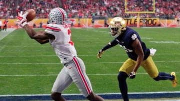 Jan 1, 2016; Glendale, AZ, USA; Ohio State Buckeyes wide receiver Michael Thomas (3) drops a pass as Notre Dame Fighting Irish cornerback Nick Watkins (21) defends during the second half in the 2016 Fiesta Bowl at University of Phoenix Stadium. Mandatory Credit: Matt Kartozian-USA TODAY Sports