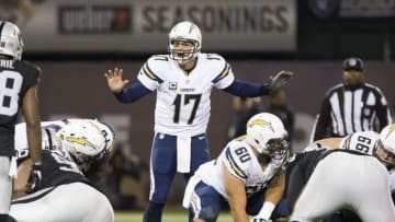 Dec 24, 2015; Oakland, CA, USA; San Diego Chargers quarterback Philip Rivers (17) calls out to teammates before the snap against the Oakland Raiders during the fourth quarter at O.co Coliseum. The Oakland Raiders defeated the San Diego Chargers 23-20. Mandatory Credit: Kelley L Cox-USA TODAY Sports