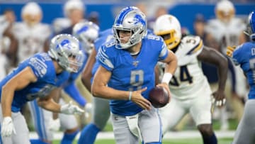 DETROIT, MI - SEPTEMBER 15: Matthew Stafford #9 of the Detroit Lions hands the ball off during the first quarter of the game against the Los Angeles Chargers at Ford Field on September 15, 2019 in Detroit, Michigan. (Photo by Leon Halip/Getty Images)