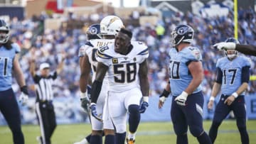NASHVILLE, TENNESSEE - OCTOBER 20: Thomas Davis Sr. #58 of the Los Angeles Chargers reacts to a call by the referee during the second quarter of the game against the Tennessee Titans at Nissan Stadium on October 20, 2019 in Nashville, Tennessee. (Photo by Silas Walker/Getty Images)