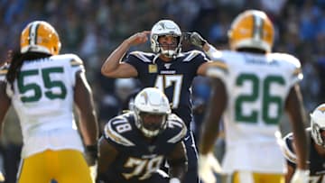 CARSON, CALIFORNIA - NOVEMBER 03: Philip Rivers #17 of the Los Angeles Chargers makes a call at the line of scrimmage during the first half of a game against the Green Bay Packers at Dignity Health Sports Park on November 03, 2019 in Carson, California. (Photo by Sean M. Haffey/Getty Images)