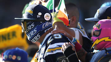 CARSON, CALIFORNIA - NOVEMBER 03: A Los Angeles Chargers fan looks on during the first half of a game against the Green Bay Packers at Dignity Health Sports Park on November 03, 2019 in Carson, California. (Photo by Sean M. Haffey/Getty Images)