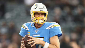 OAKLAND, CALIFORNIA - NOVEMBER 07: Quarterback Philip Rivers #17 of the Los Angeles Chargers warms up before the game against the Oakland Raiders at RingCentral Coliseum on November 07, 2019 in Oakland, California. (Photo by Ezra Shaw/Getty Images)
