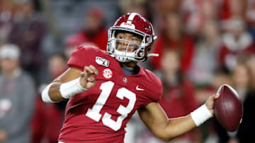 TUSCALOOSA, ALABAMA - NOVEMBER 09: Tua Tagovailoa #13 of the Alabama Crimson Tide throws a pass during the second half against the LSU Tigers in the game at Bryant-Denny Stadium on November 09, 2019 in Tuscaloosa, Alabama. (Photo by Todd Kirkland/Getty Images)