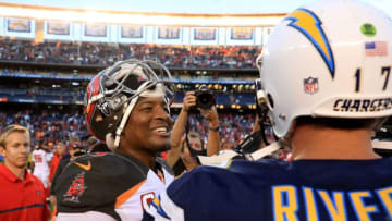 SAN DIEGO, CA - DECEMBER 04: Jameis Winston #3 of the Tampa Bay Buccaneers talks with Philip Rivers #17 of the San Diego Chargers after a game at Qualcomm Stadium on December 4, 2016 in San Diego, California. (Photo by Sean M. Haffey/Getty Images)