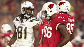 GLENDALE, AZ - AUGUST 11: Wide receiver Mike Williams #81 of the Los Angeles Chargers and defensive end Jacquies Smith #96 of the Arizona Cardinals during the preseason NFL game at University of Phoenix Stadium on August 11, 2018 in Glendale, Arizona. (Photo by Christian Petersen/Getty Images)