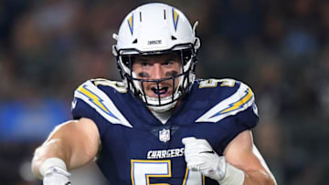 CARSON, CA - AUGUST 18: Kyle Emanuel #51 of the Los Angeles Chargers celebrates a Seattle Seahawks fumble during a presseason game at StubHub Center on August 18, 2018 in Carson, California. (Photo by Harry How/Getty Images)