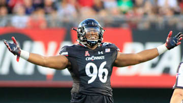 CINCINNATI, OH - SEPTEMBER 15: Cortez Broughton #96 of the Cincinnati Bearcats celebrates after the play in the game against the Alabama A&M Bulldogs at Nippert Stadium on September 15, 2018 in Cincinnati, Ohio. (Photo by Justin Casterline/Getty Images)