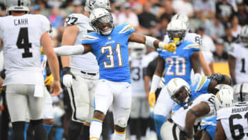 CARSON, CA - OCTOBER 07: Defensive back Adrian Phillips #31 of the Los Angeles Chargers reacts during the game against the Oakland Raiders at StubHub Center on October 7, 2018 in Carson, California. (Photo by Harry How/Getty Images)