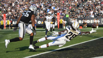 OAKLAND, CA - NOVEMBER 11: Melvin Gordon #28 of the Los Angeles Chargers is unable to make a catch in the end zone against the Oakland Raiders during their NFL game at Oakland-Alameda County Coliseum on November 11, 2018 in Oakland, California. (Photo by Thearon W. Henderson/Getty Images)