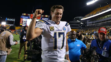 PITTSBURGH, PA - DECEMBER 02: Philip Rivers #17 of the Los Angeles Chargers reacts as he runs off the field following a 33-30 win over the Pittsburgh Steelers at Heinz Field on December 2, 2018 in Pittsburgh, Pennsylvania.(Photo by Justin K. Aller/Getty Images)