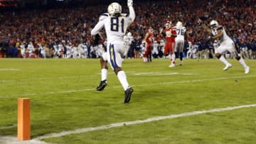 KANSAS CITY, MISSOURI - DECEMBER 13: Wide receiver Mike Williams #81 of the Los Angeles Chargers celebrates after catching the two point conversion with 4 seconds remaining in the game to put the Chargers up 29-28 on the Kansas City Chiefs at Arrowhead Stadium on December 13, 2018 in Kansas City, Missouri. (Photo by David Eulitt/Getty Images)