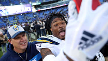 BALTIMORE, MARYLAND - JANUARY 06: Derwin James #33 of the Los Angeles Chargers celebrates after defeating the Baltimore Ravens after the AFC Wild Card Playoff game at M&T Bank Stadium on January 06, 2019 in Baltimore, Maryland. The Chargers defeated the Ravens with a score of 23 to 17. (Photo by Patrick Smith/Getty Images)