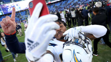 BALTIMORE, MARYLAND - JANUARY 06: Derwin James #33 of the Los Angeles Chargers celebrates after defeating the Baltimore Ravens after the AFC Wild Card Playoff game at M&T Bank Stadium on January 06, 2019 in Baltimore, Maryland. The Chargers defeated the Ravens with a score of 23 to 17. (Photo by Patrick Smith/Getty Images)