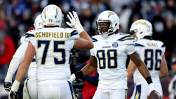 FOXBOROUGH, MASSACHUSETTS - JANUARY 13: Virgil Green #88 of the Los Angeles Chargers reacts after scoring a touchdown during the fourth quarter in the AFC Divisional Playoff Game against the New England Patriots at Gillette Stadium on January 13, 2019 in Foxborough, Massachusetts. (Photo by Adam Glanzman/Getty Images)