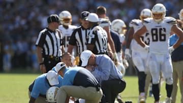 CARSON, CALIFORNIA - SEPTEMBER 08: Mike Williams #81 of the Los Angeles Chargers is tended to after being injured on a play during the second half of a game against the Indianapolis Colts at Dignity Health Sports Park on September 08, 2019 in Carson, California. (Photo by Sean M. Haffey/Getty Images)