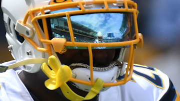 CARSON, CALIFORNIA - SEPTEMBER 22: The field is reflected in the mask of defensive back Desmond King #20 during warm ups for the game against the Houston Texans of the Los Angeles Chargers at Dignity Health Sports Park on September 22, 2019 in Carson, California. (Photo by Meg Oliphant/Getty Images)