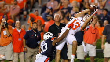 AUBURN, AL - SEPTEMBER 03: Hunter Renfrow #13 of the Clemson Tigers scores a touchdown during the fourth quarter against Johnathan Ford #23 of the Auburn Tigers at Jordan Hare Stadium on September 3, 2016 in Auburn, Alabama. (Photo by Kevin C. Cox/Getty Images)