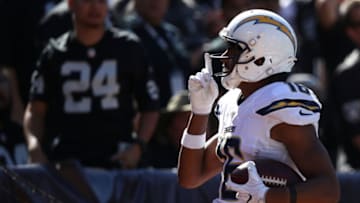 OAKLAND, CA - OCTOBER 09: Tyrell Williams #16 of the San Diego Chargers celebrates after scoring a touchdown against the Oakland Raiders during their NFL game at Oakland-Alameda County Coliseum on October 9, 2016 in Oakland, California. (Photo by Ezra Shaw/Getty Images)