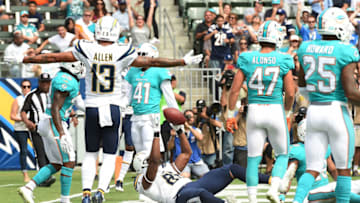 CARSON, CA - SEPTEMBER 17: Antonio Gates #85 of the Los Angeles Chargers celebrates after making the record all-time touchdowns by a tight end during the NFL game against Miami Dolphins at the StubHub Center September 17, 2017, in Carson, California. (Photo by Kevork Djansezian/Getty Images)