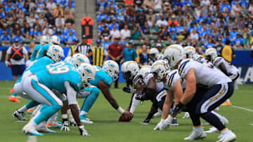 CARSON, CA - SEPTEMBER 17: The Miami Dolphins offensive line lines up against the Los Angeles Chargers defensive line during the first half of a game at StubHub Center on September 17, 2017 in Carson, California. (Photo by Sean M. Haffey/Getty Images)