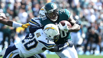 CARSON, CA - OCTOBER 01: Desmond King #20 of the Los Angeles Chargers attempts to tackle Corey Clement #30 of the Philadelphia Eagles during the first half at StubHub Center on October 1, 2017 in Carson, California. (Photo by Stephen Dunn/Getty Images)