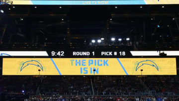ARLINGTON, TX - APRIL 26: A video board displays the text "THE PICK IS IN" for the Los Angeles Chargers during the first round of the 2018 NFL Draft at AT&T Stadium on April 26, 2018 in Arlington, Texas. (Photo by Tom Pennington/Getty Images)