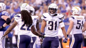 INDIANAPOLIS, IN - SEPTEMBER 25: Adrian Phillips #31 of of the San Diego Chargers gets a five from Jason Verrett #22 of the San Diego Chargers after a San Diego sack during the game against the Indianapolis Colts at Lucas Oil Stadium on September 25, 2016 in Indianapolis, Indiana. (Photo by Andy Lyons/Getty Images)