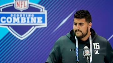 INDIANAPOLIS, IN - MARCH 01: UTEP offensive lineman Will Hernandez speaks to the media during NFL Combine press conferences at the Indiana Convention Center on March 1, 2018 in Indianapolis, Indiana. (Photo by Joe Robbins/Getty Images)