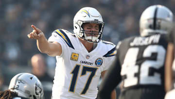 OAKLAND, CA - NOVEMBER 11: Philip Rivers #17 of the Los Angeles Chargers signals against the Oakland Raiders during their NFL game at Oakland-Alameda County Coliseum on November 11, 2018 in Oakland, California. (Photo by Ezra Shaw/Getty Images)