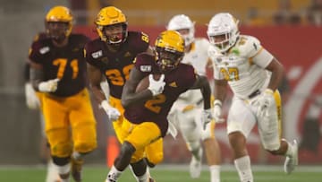 TEMPE, ARIZONA - AUGUST 29: Wide receiver Brandon Aiyuk #2 of the Arizona State Sun Devils runs with the football en route to scoring on a 77 yard touchdown against the Kent State Golden Flashes during the second half of the NCAAF game at Sun Devil Stadium on August 29, 2019 in Tempe, Arizona. (Photo by Christian Petersen/Getty Images)