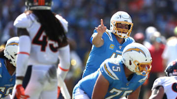 CARSON, CALIFORNIA - OCTOBER 06: Philip Rivers #17 of the Los Angeles Chargers calls a play during the first half of a game against the Denver Broncos at Dignity Health Sports Park on October 06, 2019 in Carson, California. (Photo by Sean M. Haffey/Getty Images)