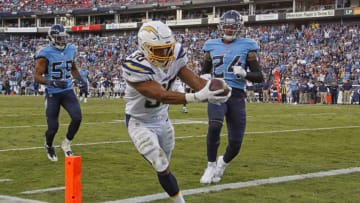 NASHVILLE, TENNESSEE - OCTOBER 20: Austin Ekeler #30 of the Los Angeles Chargers makes a touchdown reception against the Tennessee Titans during the second half at Nissan Stadium on October 20, 2019 in Nashville, Tennessee. (Photo by Frederick Breedon/Getty Images)