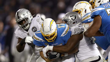 OAKLAND, CALIFORNIA - NOVEMBER 07: Clelin Ferrell #96 of the Oakland Raiders sacks Philip Rivers #17 of the Los Angeles Chargers at RingCentral Coliseum on November 07, 2019 in Oakland, California. (Photo by Ezra Shaw/Getty Images)