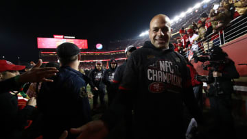 SANTA CLARA, CALIFORNIA - JANUARY 19: Defensive coordinator Robert Saleh of the San Francisco 49ers celebrates after winning the NFC Championship game against the Green Bay Packers at Levi's Stadium on January 19, 2020 in Santa Clara, California. The 49ers beat the Packers 37-20. (Photo by Ezra Shaw/Getty Images)