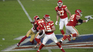 MIAMI, FLORIDA - FEBRUARY 02: Patrick Mahomes #15 of the Kansas City Chiefs looks to pass against the San Francisco 49ers in Super Bowl LIV at Hard Rock Stadium on February 02, 2020 in Miami, Florida. The Chiefs won the game 31-20. (Photo by Focus on Sport/Getty Images)