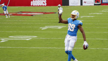 TAMPA, FLORIDA - OCTOBER 04: Donald Parham #89 of the Los Angeles Chargers celebrates after scoring a touchdown during the second quarter of a game against the Tampa Bay Buccaneers at Raymond James Stadium on October 04, 2020 in Tampa, Florida. (Photo by James Gilbert/Getty Images)