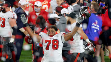 TAMPA, FLORIDA - FEBRUARY 07: Tristan Wirfs #78 of the Tampa Bay Buccaneers celebrates after winning Super Bowl LV at Raymond James Stadium on February 07, 2021 in Tampa, Florida. (Photo by Kevin C. Cox/Getty Images)