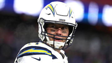 FOXBOROUGH, MASSACHUSETTS - JANUARY 13: Philip Rivers #17 of the Los Angeles Chargers reacts during the fourth quarter in the AFC Divisional Playoff Game against the New England Patriots at Gillette Stadium on January 13, 2019 in Foxborough, Massachusetts. (Photo by Al Bello/Getty Images)