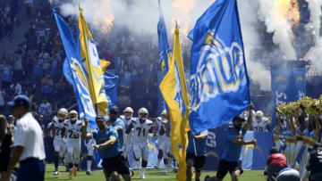 CARSON, CA - SEPTEMBER 08: Los Angeles Chargers players run onto the field for their season opener against Indianapolis Colts at Dignity Health Sports Park on September 8, 2019 in Carson, California. (Photo by Kevork Djansezian/Getty Images)