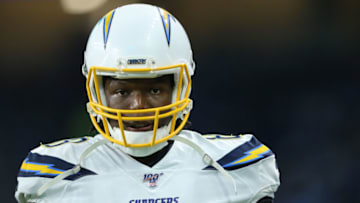 DETROIT, MI - SEPTEMBER 15: Virgil Green #88 of the Los Angeles Chargers looks on from the sidelines before the start of the game against the Detroit Lions at Ford Field on September 15, 2019 in Detroit, Michigan. (Photo by Rey Del Rio/Getty Images)